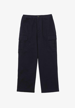 Pantaloni cargo bleumarin din bumbac, cu talie elastică, două buzunare laterale și două buzunare cargo frontale.