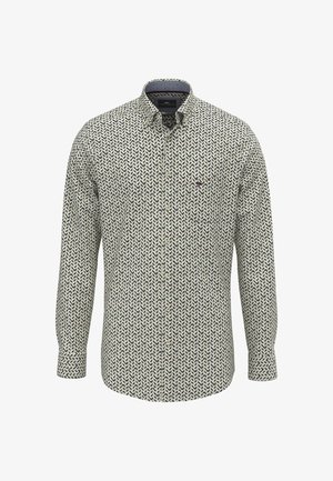 Langärmliges Hemd zum Knöpfen in Weiß mit einem marineblauen und burgunderfarbenen geometrischen Muster. Baumwollstoff, klassischer Kragen, einzelne Brusttasche.