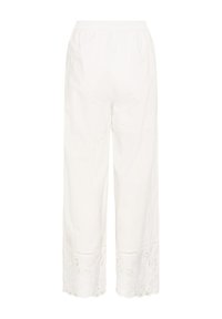 Pantalon blanc à jambes larges avec taille élastique et bordure décorative en dentelle œillet à l'ourlet.