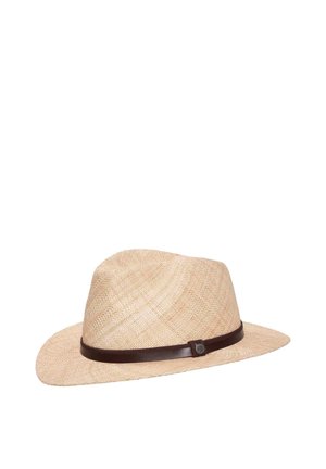 Light brown woven straw fedora hat with a dark brown leather band and small round buckle on the side.