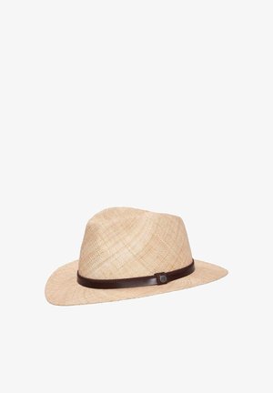 Light brown woven straw fedora hat with a dark brown leather band and small round buckle on the side.