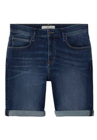 Shorts en denim bleu foncé avec revers roulés, bouton et fermeture éclair à l'avant, ainsi que poches avant et poche monnaie.