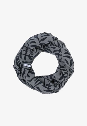 Rund halsduk i lätt tyg med svarta abstrakta lövmönster på grå bakgrund. Texturerad yta med en etikett.