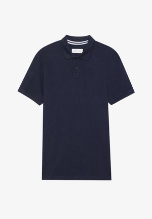 Tumedat sinise värvi polo särk, mis on valmistatud tekstureeritud kangast, kolme nööbiga krae, lühikesed varrukad ja triibuline krae detail.