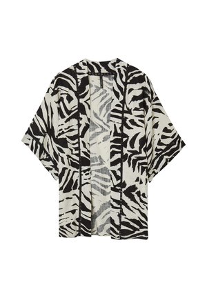 Schwarze und weiße Zebra-Muster-Kimono-Jacke aus leichtem Stoff, mit offenem Vorderteil und kurzen Ärmeln.