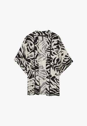 Kimono jacket in stampa zebra bianco e nero, realizzato in tessuto leggero, con apertura frontale e maniche corte.