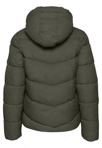 Veste matelassée vert olive, rembourrée, avec une capuche ; présente des coutures en chevrons horizontales et des poignets élastiques pour une silhouette ajustée.