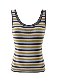 Gestreept tanktop in groen, blauw, marineblauw en roze tinten. Zachte gebreide stof met een aansluitende pasvorm en ruime ronde hals. Geen opvallende accessoires.