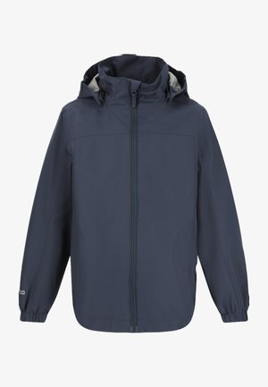 Navyblå vandtæt jakke med høj krave, justerbar hætte og frontlynlås. Har elastiske manchetter og en glat, mat tekstur.
