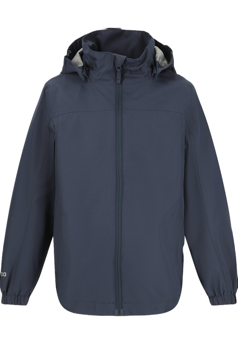 Veste imperméable bleu marine avec un col haut, une capuche réglable et un zip à l'avant. Présente des poignets élastiques et une texture lisse et mate.