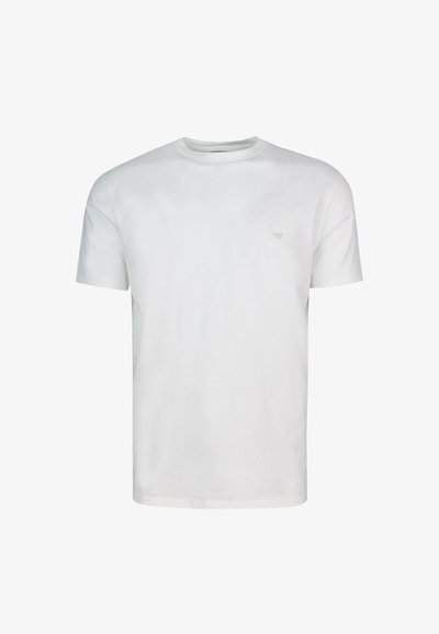 T-shirt bianco in cotone con scollatura rotonda, maniche corte e un logo discreto sul petto. Presenta un fit regolare e una texture liscia.