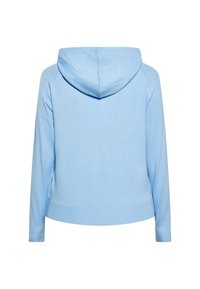 Světle modrá mikina s kapucí, měkká tkanina, uvolněný střih, dlouhé rukávy, kapuce, žebrované manžety a lem, hladká textura, minimalistický design.