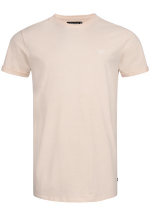 Lyserød kortærmet t-shirt med rund hals, fremstillet af bomuld, med rullede ærmer og et lille logo på brystet.