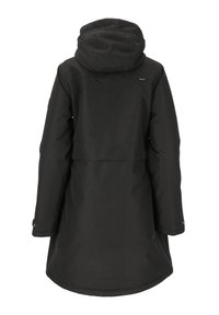 Svart vattentät jacka med huva, med rak passform, långa ärmar och en klaffdesign på baksidan. Slät textur och minimal hårdvara.