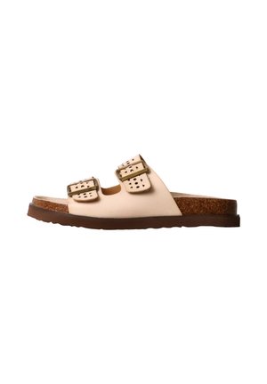 Sandale beige à enfiler avec deux brides réglables à boucle et une semelle intérieure en liège sur une semelle plate marron.