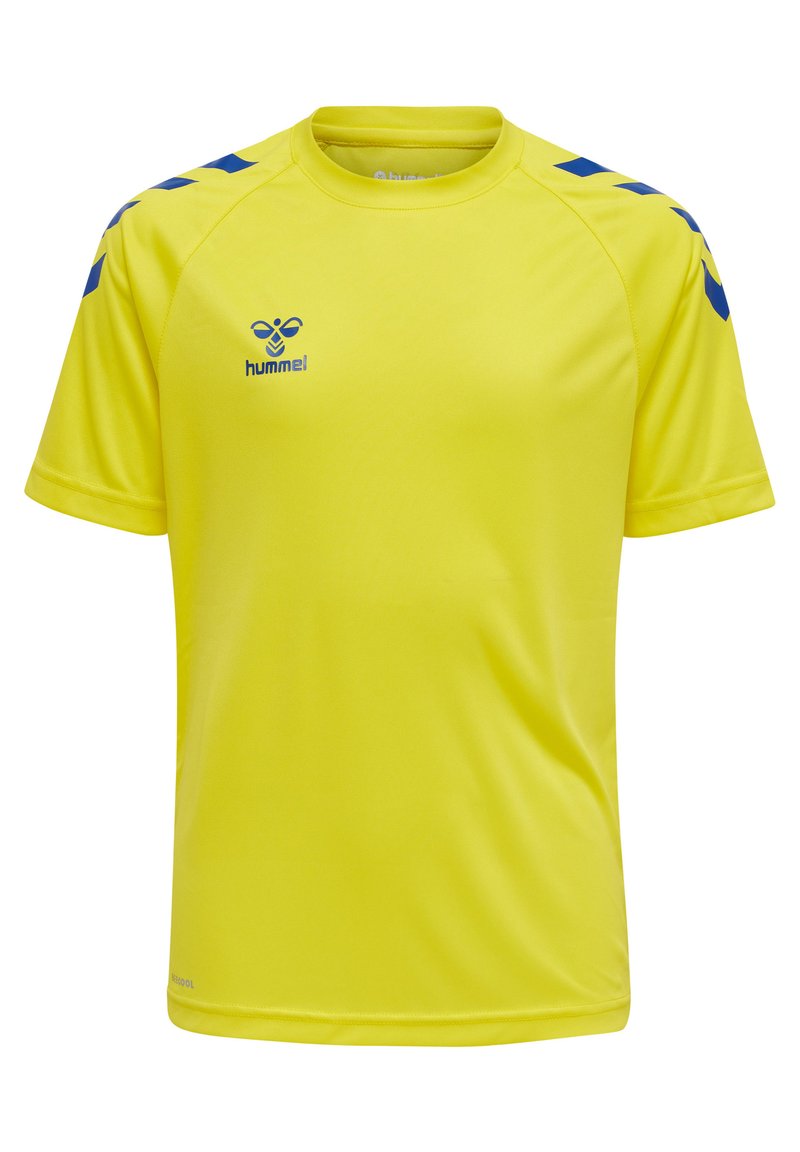 Gul sportströja i ventilerande tyg. Har blå detaljer på axlarna och logotyp på bröstet. Kortsleeves och rundad halsringning.