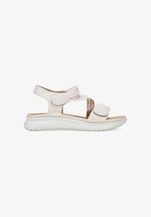 Sandalia de color rosa claro y blanco con diseño de tiras acolchadas, cierres ajustables de Velcro y suela de goma blanca texturizada.