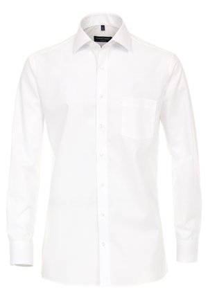 Weißes Langarm-Hemd mit Knopfleiste, klassischem Kragen und einer Brusttasche. Aus glattem Stoff gefertigt, mit einem klaren, minimalistischen Design.