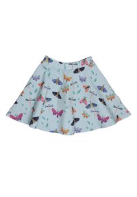 Light blue skater skirt featuring a multi-colored butterfly and dragonfly print, with a comfortable elastic waistband and a flared design.