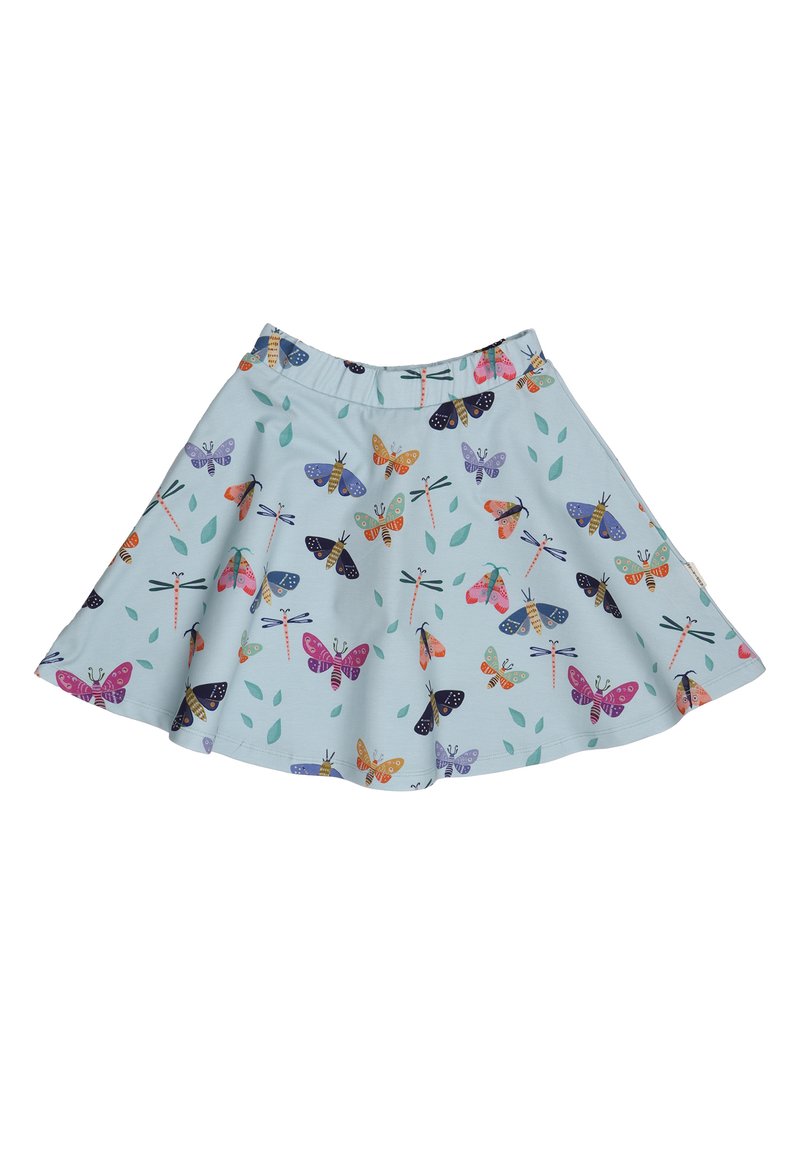 Light blue skater skirt featuring a multi-colored butterfly and dragonfly print, with a comfortable elastic waistband and a flared design.