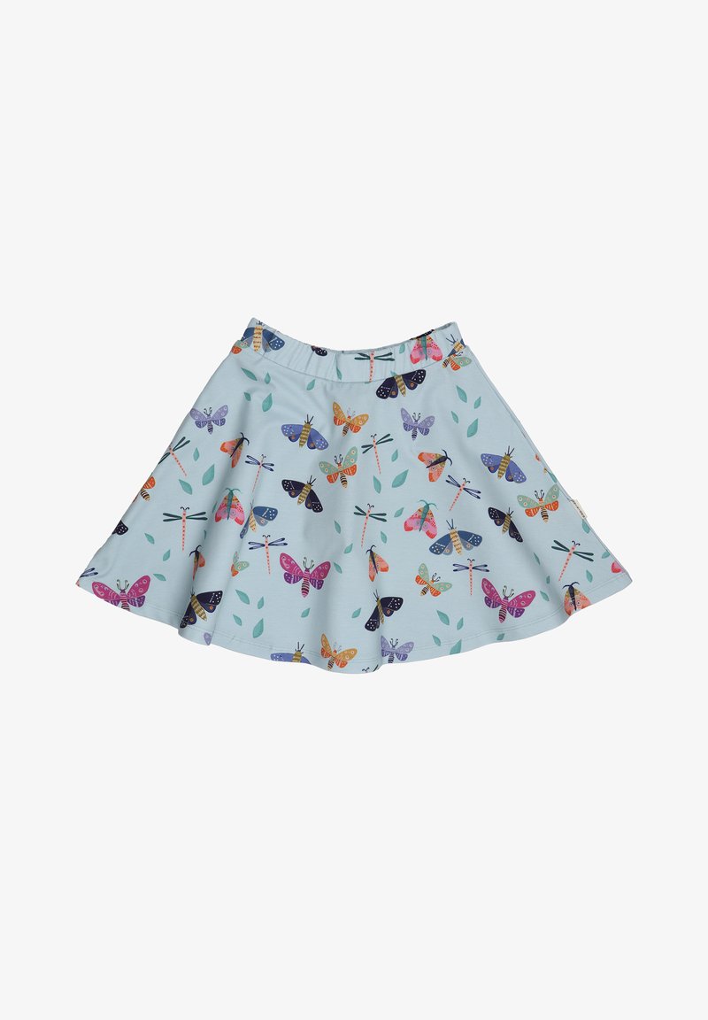 Light blue skater skirt featuring a multi-colored butterfly and dragonfly print, with a comfortable elastic waistband and a flared design.
