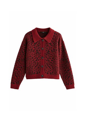 Rote gestrickte Strickjacke mit schickem schwarzen Leopardenmuster, strukturiertem Kragen und sechs schwarzen Knöpfen auf der Vorderseite. Weicher Stoff, lockere Passform.