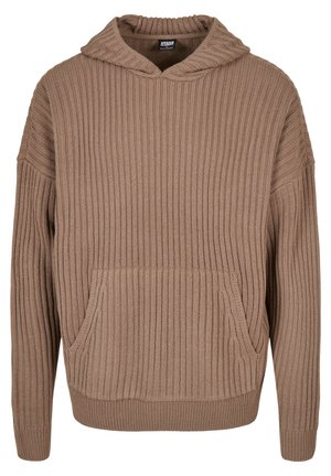 Brązowy prążkowany sweter z kapturem, długimi rękawami i przednią kieszenią kangur, wykonany przez Urban Classics.