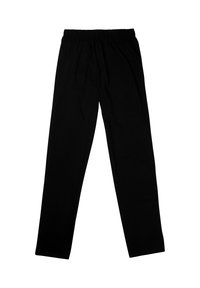 Pantaloni neri con vita elastica e gamba dritta, realizzati in un tessuto morbido con una texture liscia e senza motivi o dettagli hardware visibili.