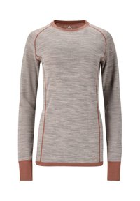 Lange mouwen thermoshirt in lichtgrijs met donkergrijze en roestkleurige accenten. Heeft een ronde hals en een gestructureerde stof met stikdetails.