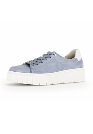 Sneakers in suede azzurro chiaro con suola in gomma bianca, punta rotonda e accento sul tallone in contrasto. Presentano lacci piatti e suola testurizzata.