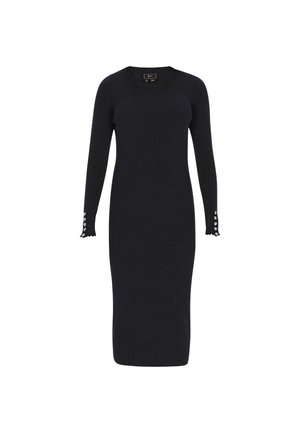 Long-sleeve black ribbed dress with a fitted silhouette, textured fabric, and button accents on the scalloped cuffs.