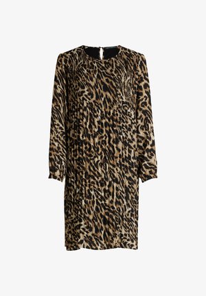 Leopárd mintás ruha hosszú ujjal, kerek nyakkivágással és redőzéssel. Fekete háttér bézs és barna foltokkal. Kulcslyuk részlet a háton.
