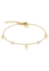 Gouden kettingarmband met drie decoratieve klaver motieven en twee heldere stenen, met een sluiting en een verstelbare lengte.