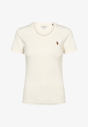 Bela kratka srajca s kratkimi rokavi iz rebrastega materiala, z okroglim izrezom in malim vezenim logotipom U.S. Polo Assn. na levem prsnem predelu.
