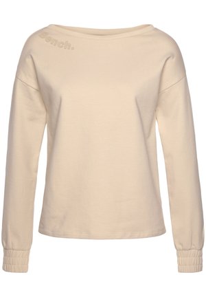 Beige langærmet sweatshirt med bådudskæring og elastiske ærmegab, med subtilt præget "Bench." logo på venstre skulder.