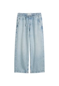 Light blue wide-leg denim pants with an elastic waistband, drawstring closure, and side pockets. Soft texture with a faded finish.