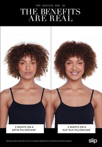 Nebeneinander stehende Fotos einer Frau, die nach zwei Nächten auf einem Seidenschlafkissen mit Rutschfunktion glattere Haare und ein strahlenderes Lächeln zeigt im Vergleich zu einem Kissenbezug aus Satin.