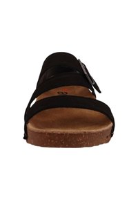 Sort sandal med flere remme og en kork-lignende sål. Har et spænde ved dekorationen og en blød indersål for komfort. Flad design, afslappet stil.
