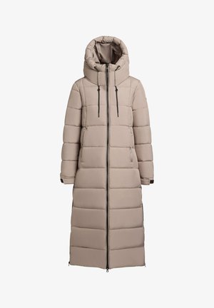 Abrigo largo acolchado en beige con cuello alto y cierre de cremallera. Cuenta con dos bolsillos laterales y tiras elásticas en la capucha y los puños.