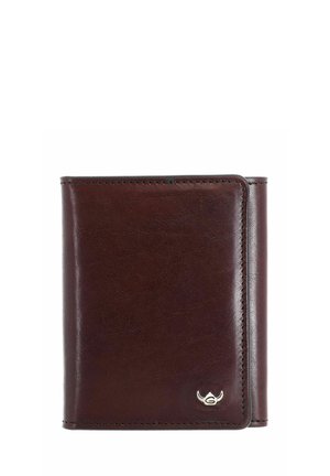 Dark brown leather wallet with folded design and small silver emblem in the bottom right corner on a white background.