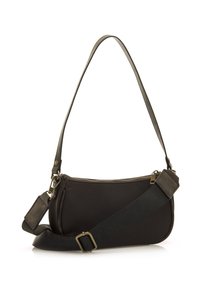 Borsa a spalla in tessuto nero con chiusura a zip, texture liscia, tracolla regolabile e dettagli in metallo color oro. Formato elegante e curvato.