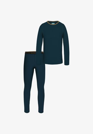 Marineblaues Thermoshirt mit langen Ärmeln und passenden eng anliegenden Hosen. Verfügt über einen Rundhalsausschnitt und kontrastierende goldene Einfassung am Kragen und Bund.