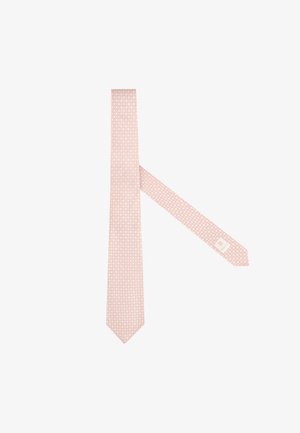 Lichtroze stropdas met een klein wit geometrisch patroon, plat gelegd met het merklabel zichtbaar aan het smalle uiteinde.