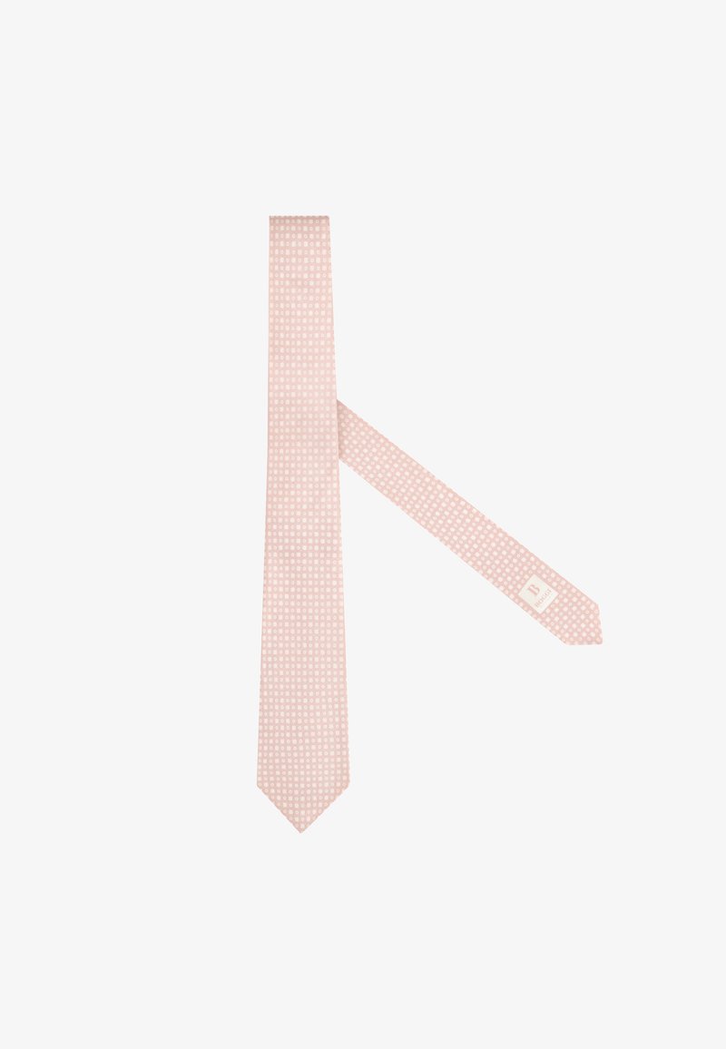 Cravate rose clair avec un petit motif géométrique blanc, posée à plat avec l'étiquette de la marque visible à l'extrémité étroite.