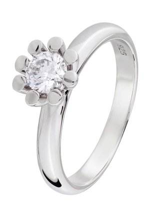 Silver engagement ring with a round clear gemstone held by six prongs, marked 925 inside the band.