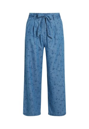 Denim wijdbeenbroek met een strikband in de taille, in een lichtblauwe kleur met een subtiel abstract patroon in een donkerdere blauw tint.