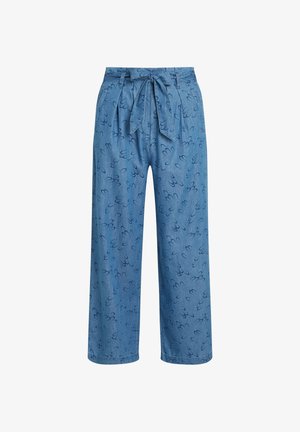 Denim-Hose mit weitem Bein und Bindegürtel, in einem hellblauen Farbton mit einem subtilen abstrakten Muster in einem dunkleren Blau.
