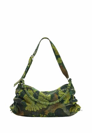 Green and brown camo-patterned fabric shoulder bag with adjustable strap and braided detail on front flap closure.