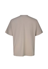 Μπεζ κοντομάνικο T-shirt με στρογγυλή λαιμόκοψη, απλό σχέδιο, κανονική εφαρμογή, λείο ύφασμα, εμφανίζεται από την πίσω πλευρά.
