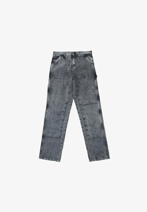 Graue Denim-Jeans mit lockerer Passform, ausgestattet mit aufgesetzten Taschen, Kontrastnähten und einer ausgeblichenen Waschung. Gerades Bein-Design mit Knopfverschluss.